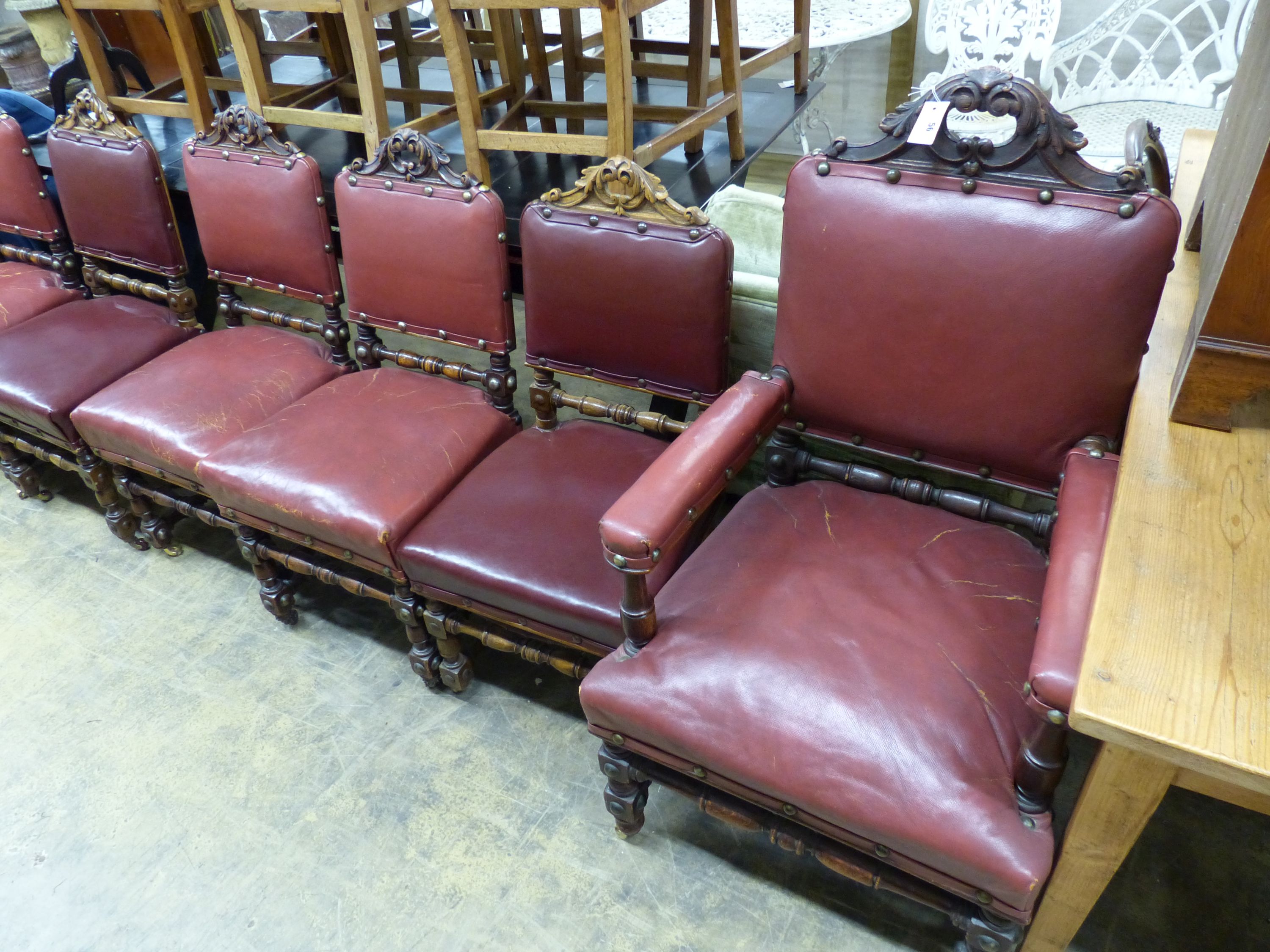 A set of ten Victorian 17th century style oak dining chairs